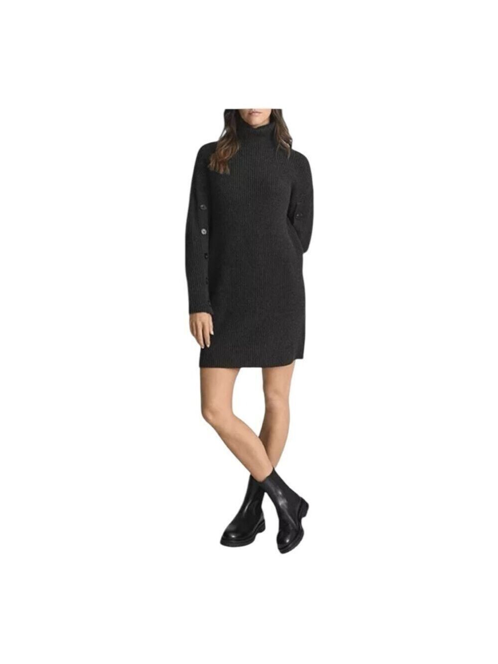 Reiss Maggie Button Sleeve Knitted Dress in Charcoal Gray Size M